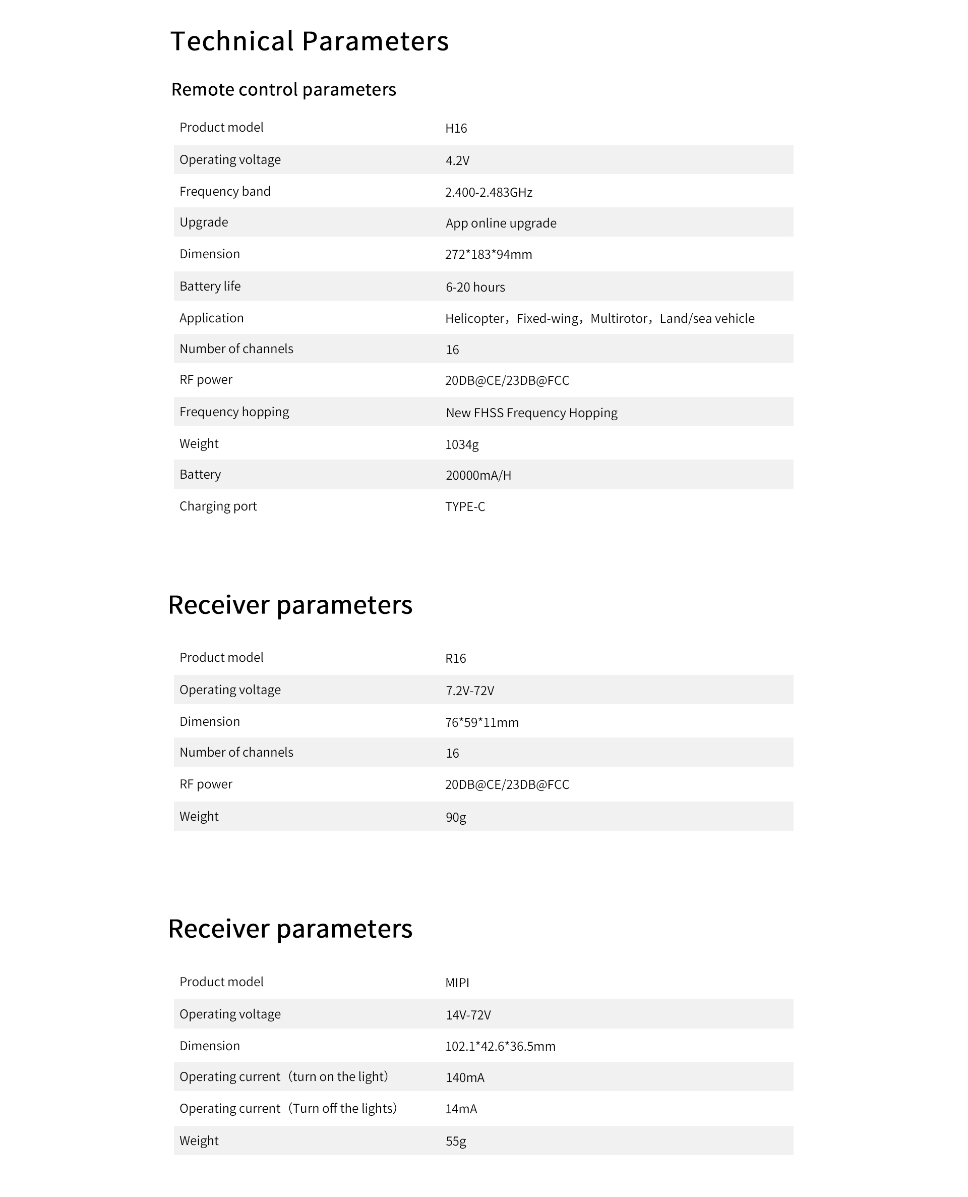 H16 PRO遥控器-技术参数-英文